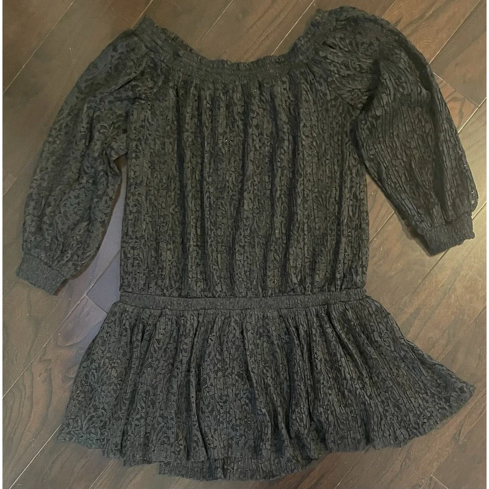 Free People Mini Dress Small Black Lace Sheer Off Shoulder Dropped Waist Boho